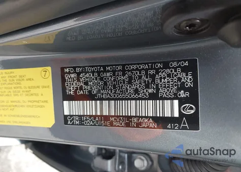 2005 Lexus Es 330 from USA, damaged, VIN JTHBA30G655066453